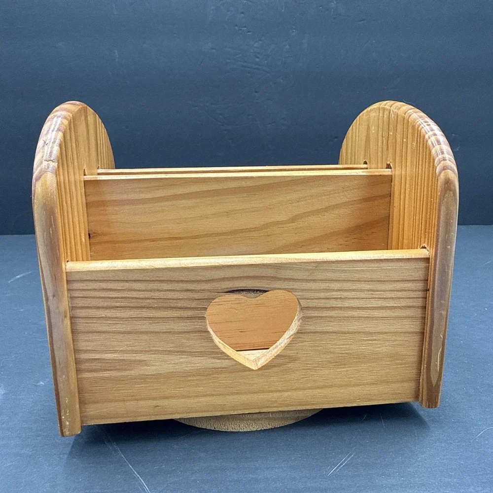Vtg Lazy Susan Wooden Napkin Holder Heart with Cut Out on Turnstile 6
